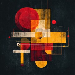 Abstract Geometric Art Red, Yellow Shapes Overlap, Dark Background