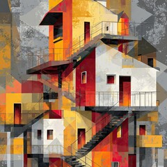 Abstract Cityscape Multilevel Building, Urban Setting, Grey Background, Architectural Illustration