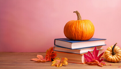 cozy autumn still life with pumpkin colorful leaves and stack of books on wooden surface against pink background