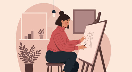 Female Artist Creates Artwork In Cozy Home Studio In A Muted Color Palette