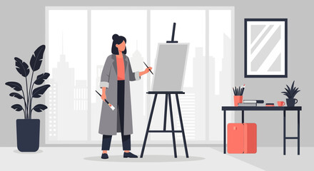 Female Artist Painting On Canvas In Bright Spacious Studio With City View