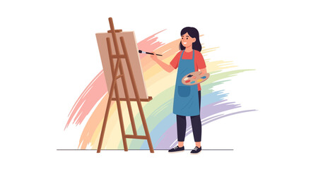 Female Artist Painting On Canvas With Palette In Studio Workspace