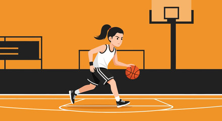 Female Basketball Player Dribbling On Court During Competitive Game Illustration