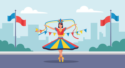Festive Dancer Celebrating National Holiday with Colorful Decorations and Flags