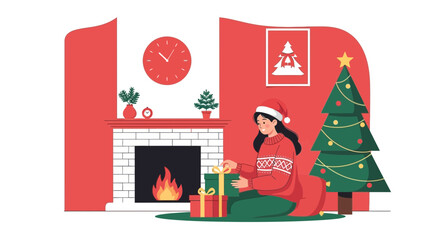 Festive Christmas Eve Woman Wrapping Presents in a Cozy Living Room