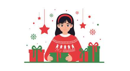 Festive Girl Surrounded With Christmas Presents and Stars Decorations