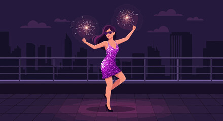 Festive Rooftop Celebration: Young Woman Dancing With Sparklers In Night City