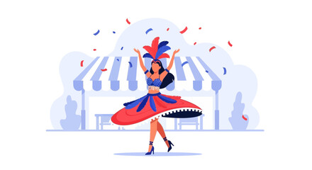 Festive Samba Dancer Celebrates at a Street Fair with Joyful Energy