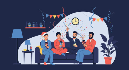 Festive Pajama Party Celebration Among Young Men At Home During Holidays