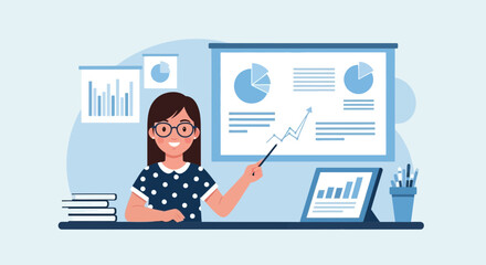 Financial Review Presentation With Graphs And Smiling Analyst In Flat Style