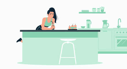 Fit Woman Enjoying a Smoothie in Her Minimalist Kitchen After a Workout