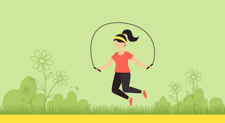 Fitness Illustration Of Active Woman Jumping Rope In Nature Background