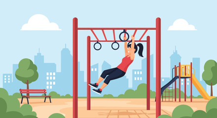Fitness Woman Doing Gymnastics on Playground in the Park Outdoor Activity