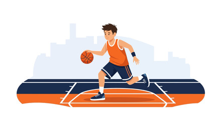 Focused Basketball Player Dribbling Ball Across Court With Cityscape Silhouette