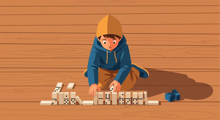 Focused Child Plays Dominoes On Wood Floor Creating A Pattern Sequence