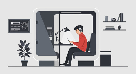 Focused Professional Working In Modern Soundproof Booth For Enhanced Concentration