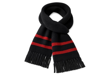 Warm winter scarf with red stripes and fringes, isolated on transparent background, perfect for cold weather
