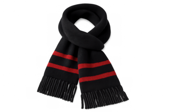 Warm winter scarf with red stripes and fringes, isolated on transparent background, perfect for cold weather