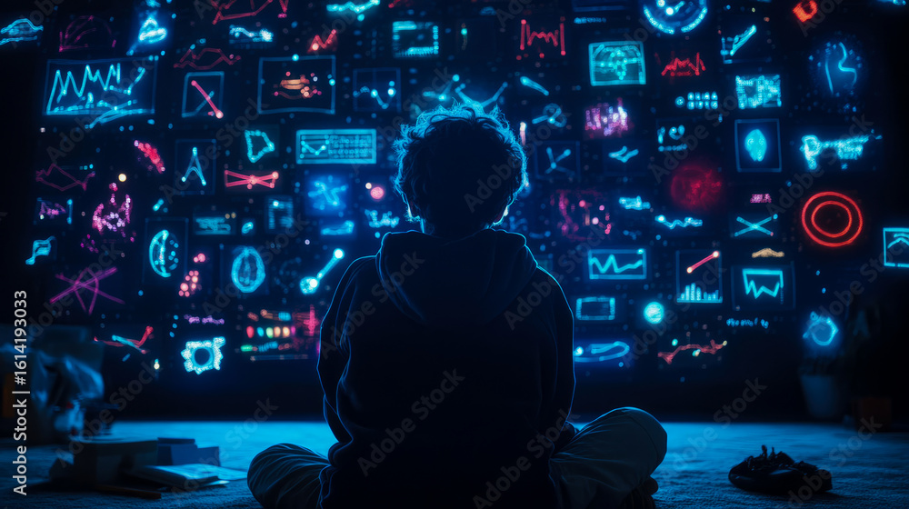 Poster a young individual sits captivated before a holographic screen displaying complex glowing data inter