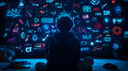 A young individual sits captivated before a holographic screen displaying complex glowing data interfaces and abstract scientific charts, exploring a futuristic digital realm.