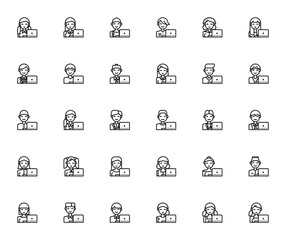 User with laptop icon set. Minimal vector illustrations. Includes student, working woman, man, boy, female, business man, girl and more. Editable line art.