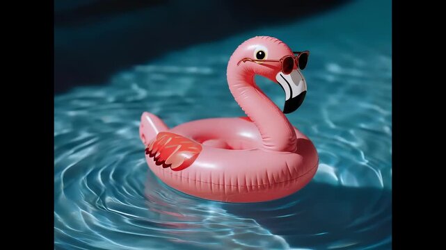 Pink flamingo pool float wearing sunglasses in swimming pool. A whimsical shot of summer fun. Summer vacation, tropical getaway, poolside relaxation.