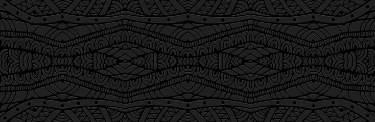 Banner, cover design, fresco. Geometric ethnic original pattern on a black background, embossing. Zentangle, doodling. Handmade ornaments, arabesques, mandalas of the East, Asia, India, Mexico, Aztecs