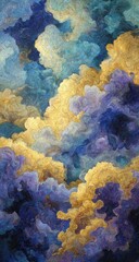 Golden, purple, blue cloudscape, aerial view,  artistic painting, design element