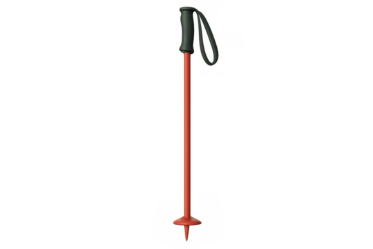 Realistic 3d rendering of a single red trekking pole with black handle and wrist strap, isolated on transparent background