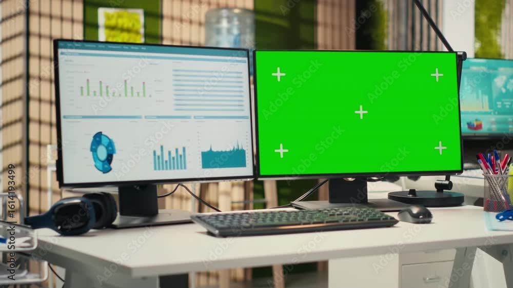 Poster high end empty office displaying chroma key on pc monitor at desk, space prepared for professional a