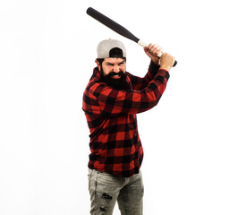 Baseball player swung bat. Bearded man in plaid shirt with baseball bat. Sport and baseball...