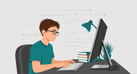 Focused Young Man Working on Desktop Computer in Home Office Setting