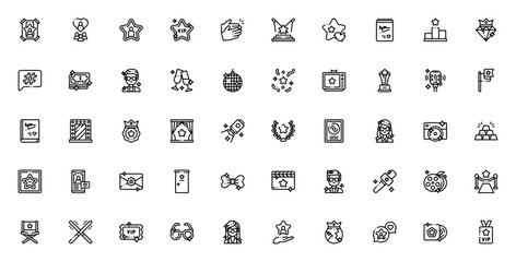 Fame icon set. Celebrity vector collection. Includes VIP, award, microphone, red carpet, gold, spotlight, autograph, stage, diamond and more. Editable line art.