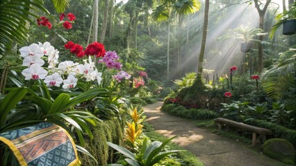 Fototapeta premium Beautiful tropical garden path with orchids and sunlight streaming through trees