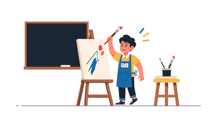 Joyful Child Artist Painting a Colorful Abstract Picture on Canvas