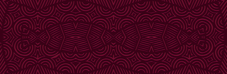 Banner, cover design, fresco. Geometric ethnic old pattern on burgundy background, embossing. Zentangle, doodling, handmade. Ornaments, arabesques, mandala of the East, Asia, India, Mexico, Aztecs.