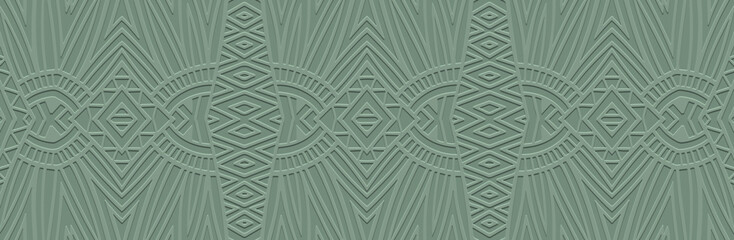Banner, cover design, mural. Geometric ethnic tribal pattern on green background, embossing. Zentangle, doodling, handwork. Ornaments, arabesques, mandala of the East, Asia, India, Mexico, Aztecs.