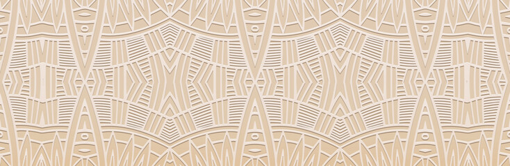 Banner, cover design, fresco. Geometric ethnic tribal pattern on a light background, embossing. Zentangle, doodling, handwork. Ornaments, arabesques, mandala of the East, Asia, India, Mexico, Aztecs.