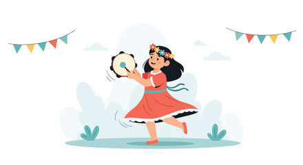 Joyful Girl Playing Tambourine Celebrating Festive Season Outdoors