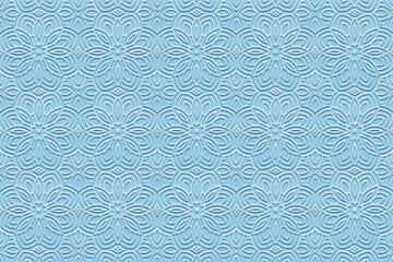 Ethnic blue background, banner, tribal cover design, wallpaper, mural. Geometric embossed floral boho pattern, handmade. Tribal ornaments of the East, Asia, India, Mexico, Aztec, Peru.