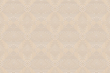 Ethnic light beige background, banner, tribal cover design, wallpaper, mural. Geometric embossed linear pattern, handmade. Tribal ornaments of the East, Asia, India, Mexico, Aztec, Peru.