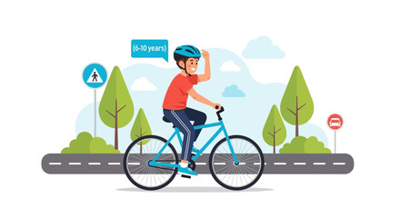 Fototapeta premium Joyful Young Boy Rides a Bicycle Outdoors Wearing a Safety Helmet