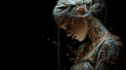AI goddess in renaissance attire, pixelated light particles emerging from her hair, baroque-style lighting, smooth oil-paint texture, subtle futuristic implants on neck and arms 