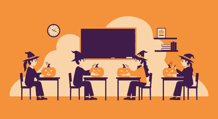 Kids In Witch Hats Carving Pumpkins At School On Halloween Day