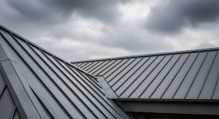 Architectural detail of steel roof with textured surface under cloudy weather