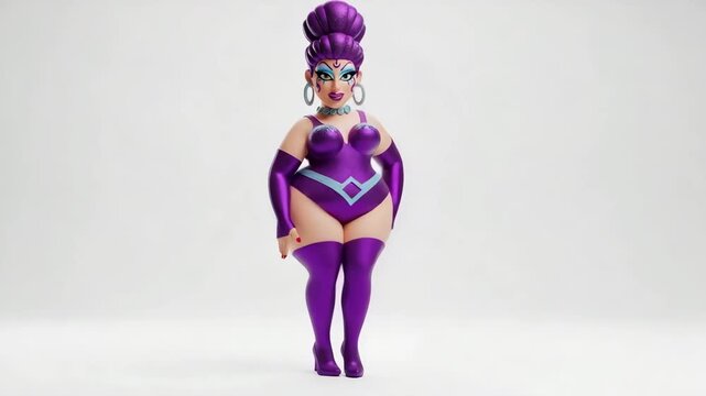 3D character design showcasing drag excellence with glitter makeup and bold pose in a studio setting