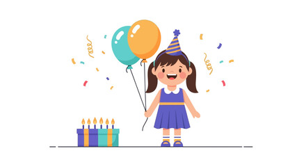 Happy Birthday Celebration With Cartoon Girl Balloons And Cake Vector Design