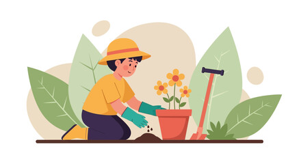 Happy Boy Is Planting Flowers At Home In The Garden Illustration