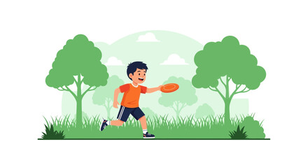 Happy Boy Plays Frisbee In The Park On A Sunny Day Illustration