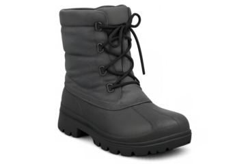Gray winter boot featuring black laces, studio-photographed against transparent backdrop, highlighting seasonal footwear design